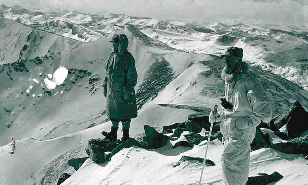 Members of the 10th Light Division (Alpine) — known today as the 10th Mountain Division — at an elevation of nearly 13,000 feet on May 8, 1943, in the Rocky Mountains at Colorado’s Camp Hale