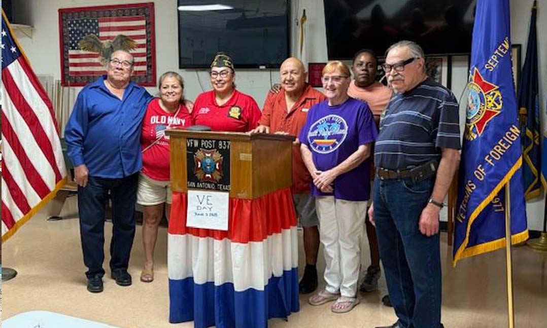 Members of VFW Post 837 come together for a group photo after the festivities of the VE Day Ceremony on June 3, 2025